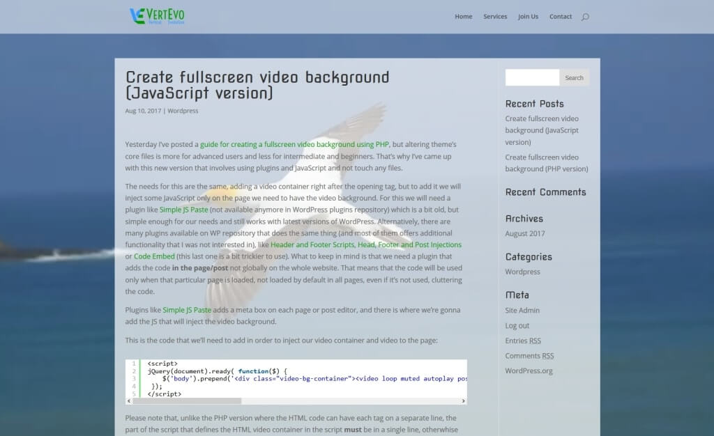 Create fullscreen video background JS