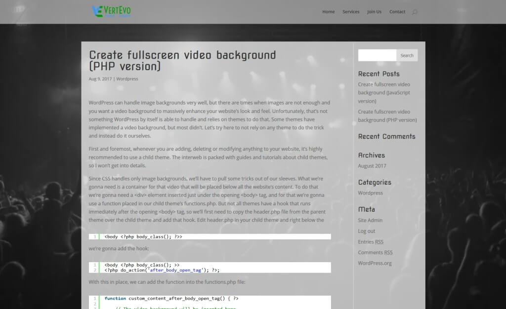 Create fullscreen video background PHP
